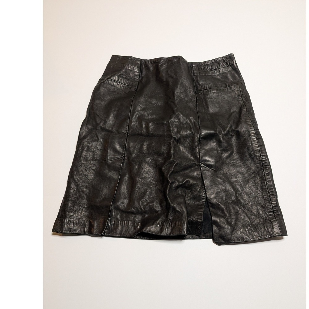 Rebecca Taylor Black Leather Mini Skirt Size 2 A-Line Exposed Bac Zip Slit Front